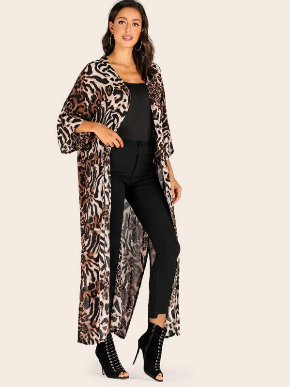 

Tiger Print Slit Hem Longline Outerwear, Multicolor, Mary P.
