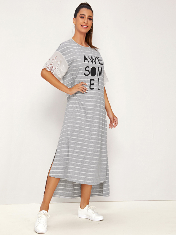 

Embroidered Eyelet Cuff Stepped Hem Dress, Grey, Gabe