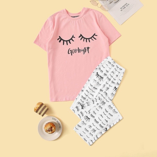 

Eyelash and Slogan Graphic Tee and Pants PJ Set, Multicolor