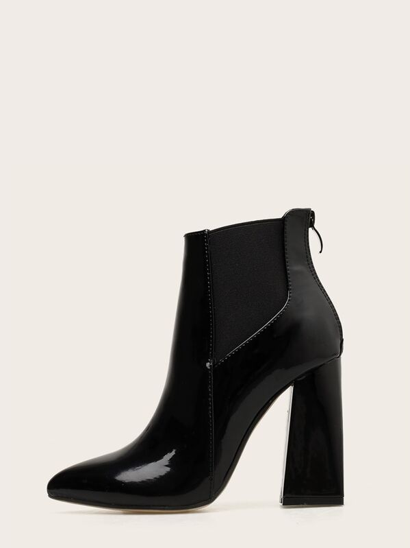 

Point Toe Zip Back Patent Chunky Boots, Black