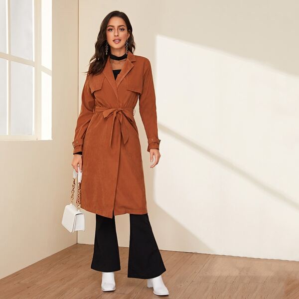 

Lapel Neck Suede Belted Suede Trench Coat, Brown