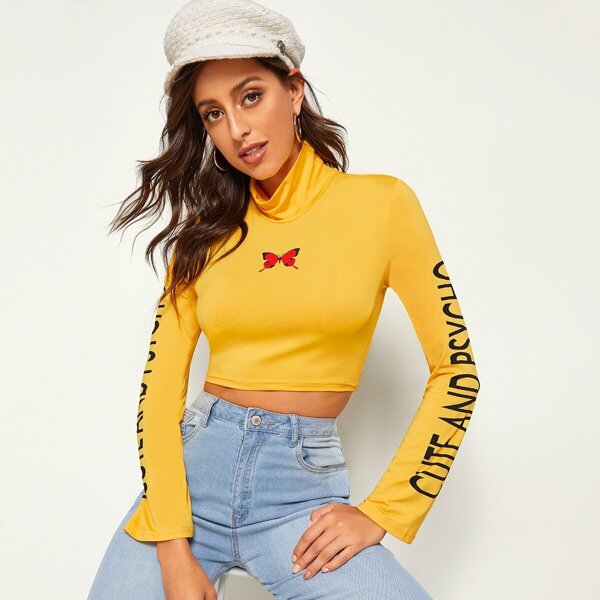 

High Neck Letter & Butterfly Print Tee, Yellow