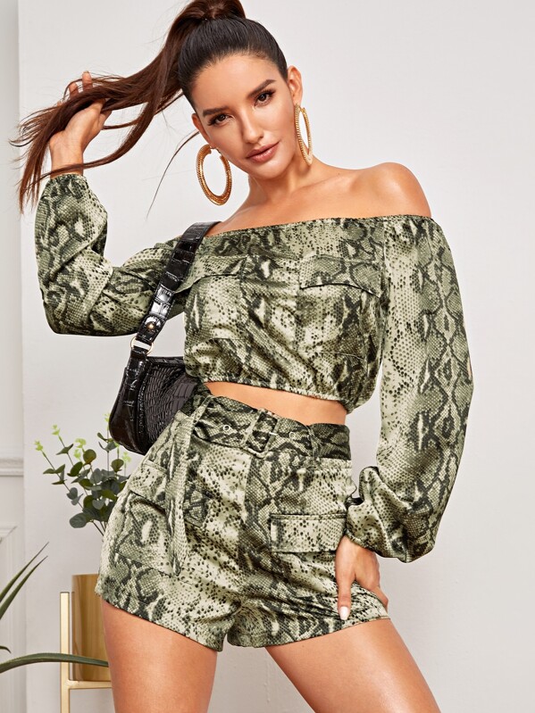 

Snakeskin Print Bardot Top & Cargo Shorts, Multicolor, Juliana