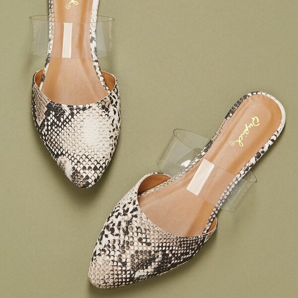 

Snakeskin Pointed Toe And PVC Flat Mules, Multicolor