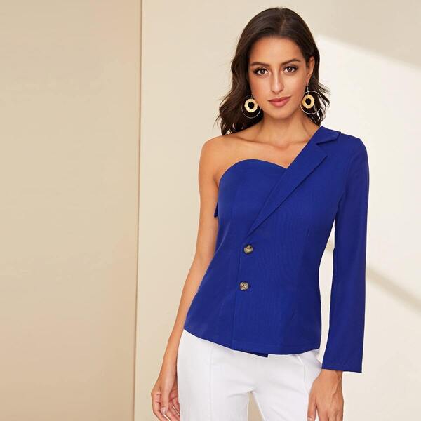

One Shoulder Double Button Solid Blazer, Blue