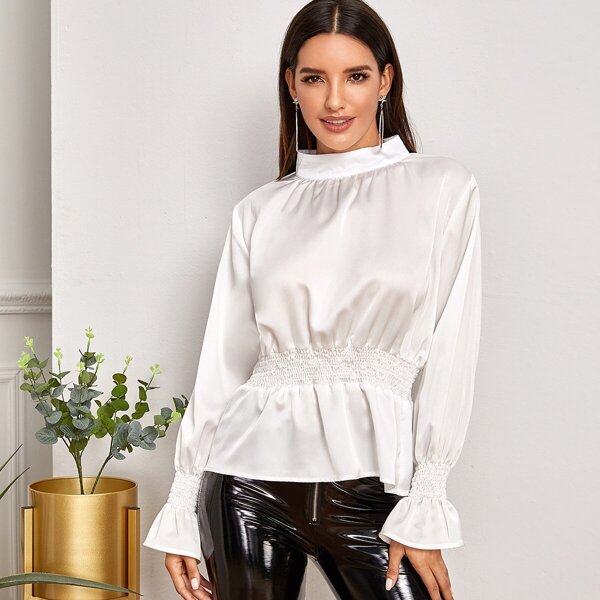 

Stand Collar Flounce Sleeve Shirred Satin Blouse, White