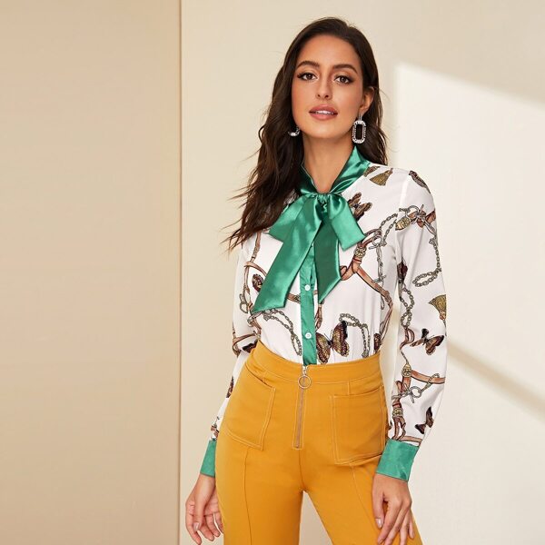 

Chain & Butterfly Print Tie Neck Blouse
