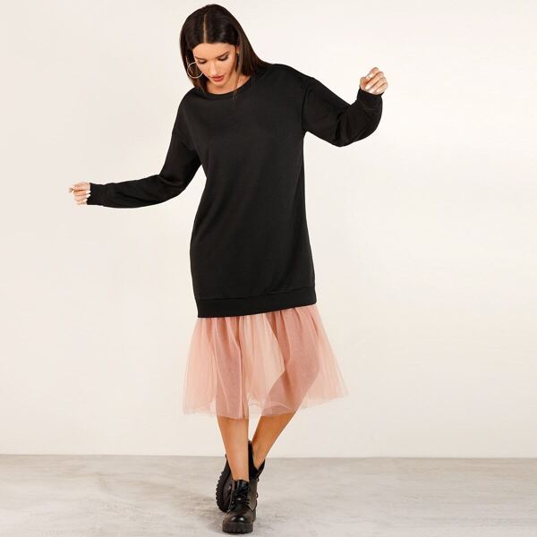

Contrast Mesh Hem sweatshirt Dress, Black