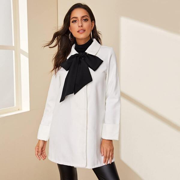 

Tie Neck Open Front Longline Coat, White