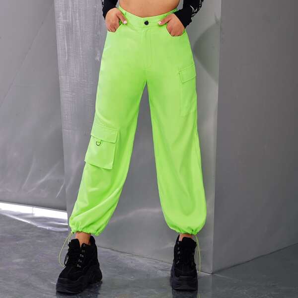 

Neon Green Pocket Drawstring Hem Cargo Pants, Green bright