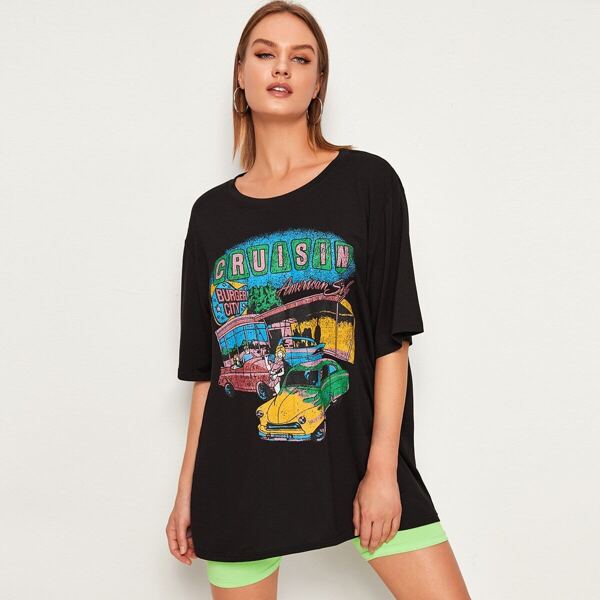 

Car Print Half Sleeve Longline Tee, Black