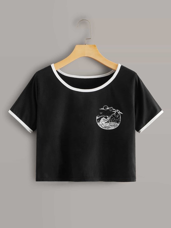 

Contrast Binding Sea Wave Graphic Ringer Tee, Black