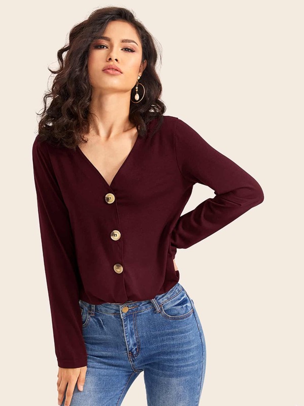 

V-Neck Button Front Solid Tee, Burgundy, Gessila