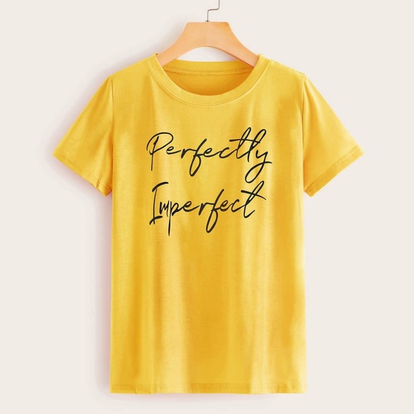 

Slogan Graphic Round Neck Tee, Yellow