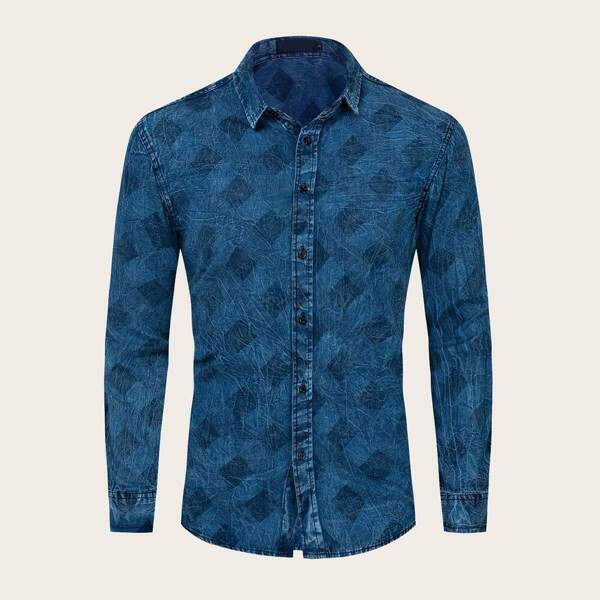 

Men Geo Print Denim Shirt, Blue