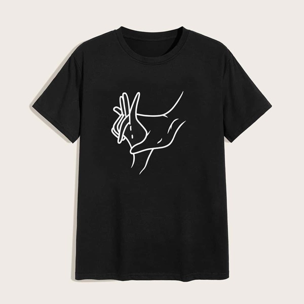 

Men Gesture Print Round Neck Tee, Black