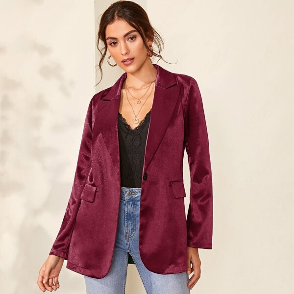 

Single Button Flap Pocket Satin Blazer, Burgundy