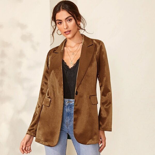 

Single Button Flap Pocket Satin Blazer, Camel