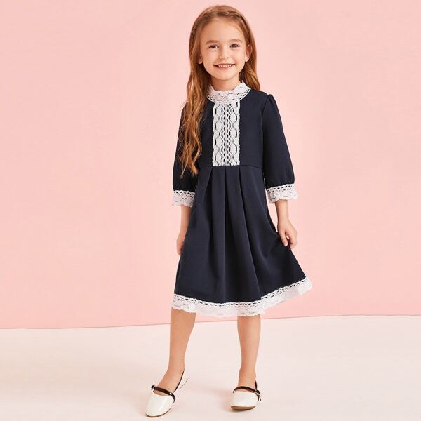 

Toddler Girls Lace Panel Pleated Swing Dress, Navy