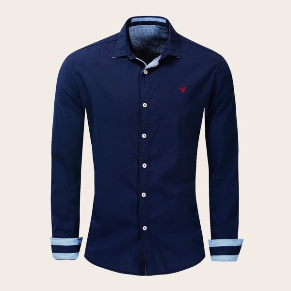 

Men Eagle Embroidery Contrast Striped Shirt, Navy blue