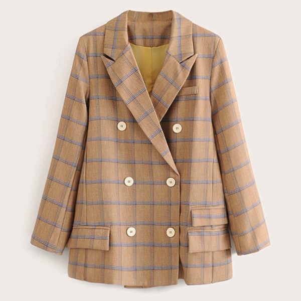 

Double Breasted Lapel Neck Plaid Blazer