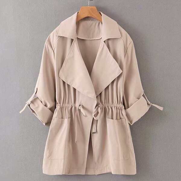 

Dual Pocket Roll Up Sleeve Drawstring Trench Coat, Khaki