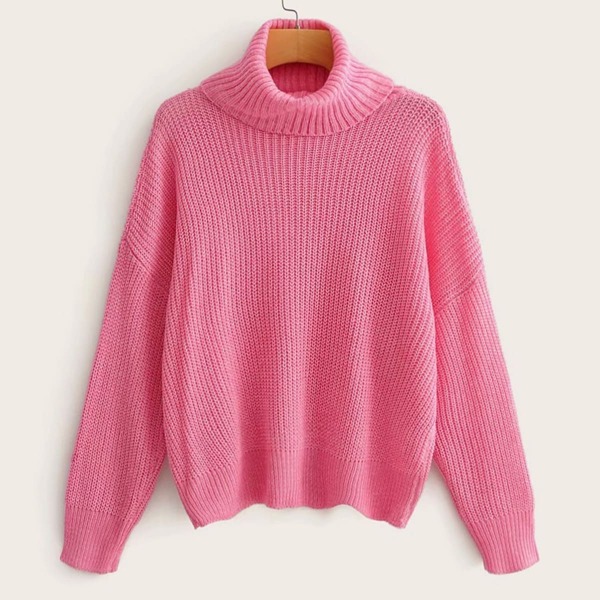 

Solid High Neck Drop Shoulder Sweater, Pink