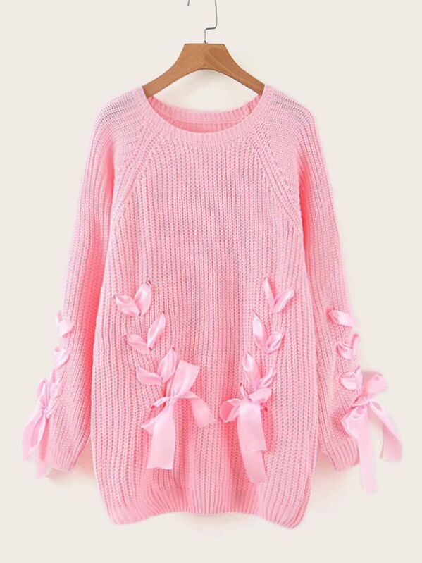 

Solid Raglan Sleeve Lace Up Sweater, Pink
