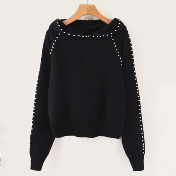 

Raglan Sleeve Pearls Beaded Hooded Sweater, Black