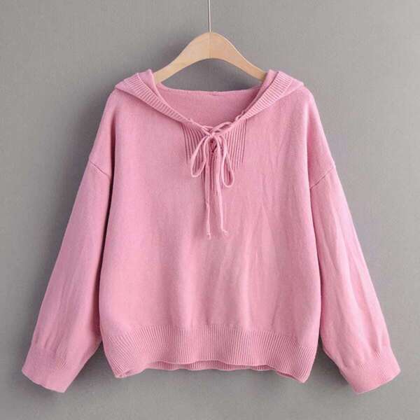 

Lace Up Drop Shoulder Hooded Sweater