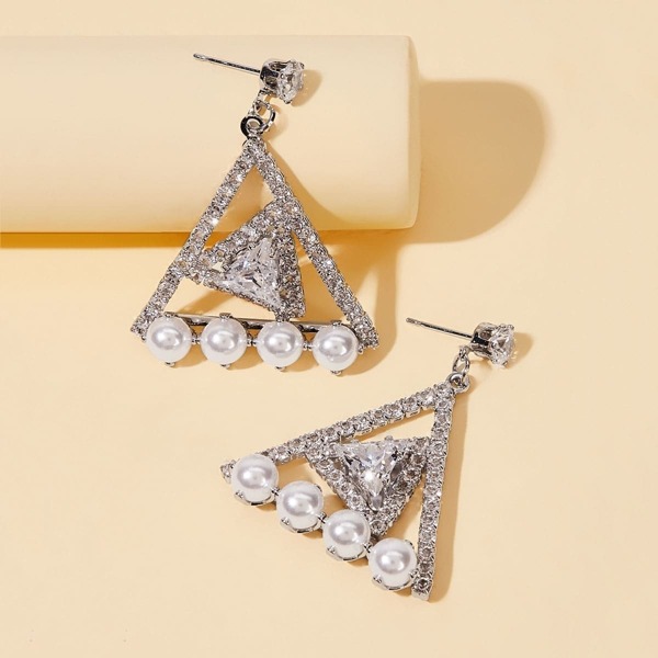 

Faux Pearl Decor Rhinestone Engraved Triangle Drop Earrings 1pair, Silver