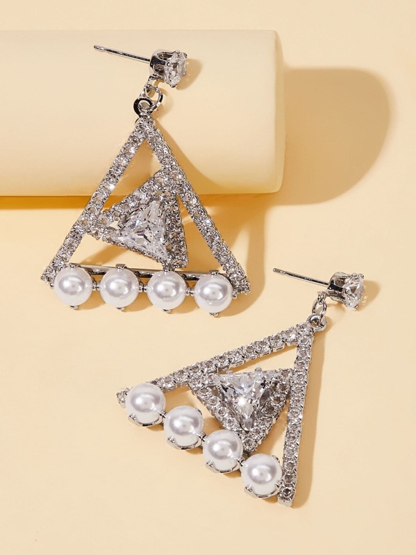 

Faux Pearl Decor Rhinestone Engraved Triangle Drop Earrings 1pair, Silver