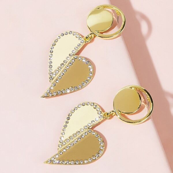 

Round Decor Rhinestone Engraved Heart Drop Earrings 1pair, Gold