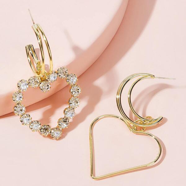 

Rhinestone Engraved Heart Mismatched Earrings 1pair, Gold