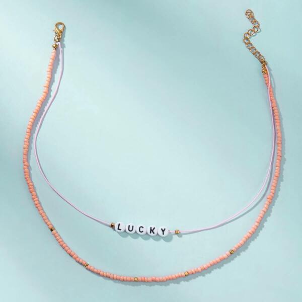 

Letter Decor Beaded Layered Necklace 1pc