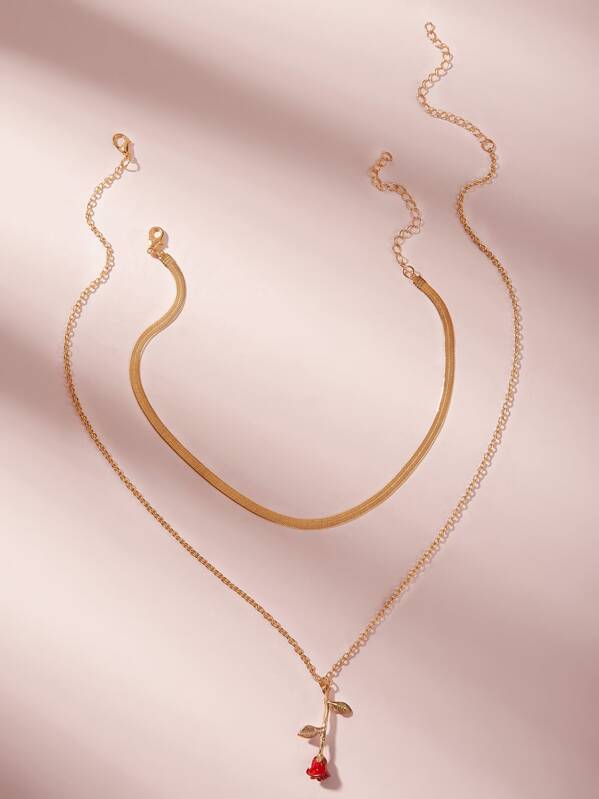

Rose Charm Necklace 2pcs, Gold