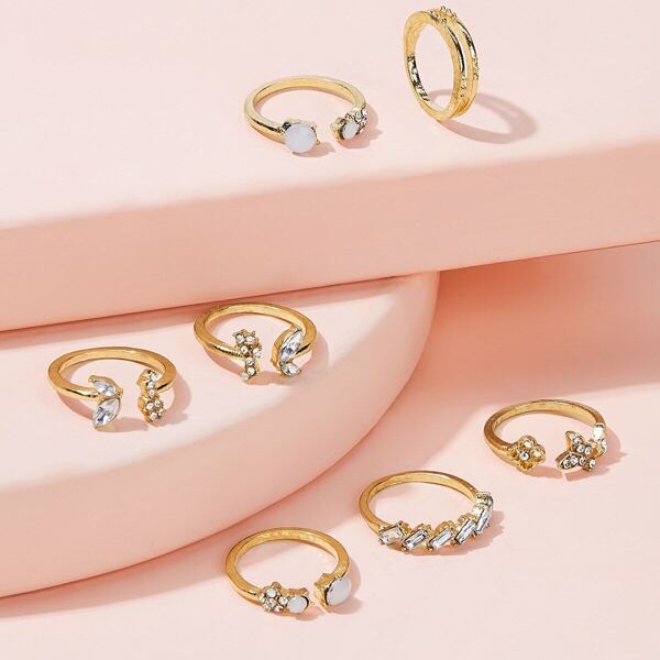 

Rhinestone Engraved Decor Ring 7pcs, Gold