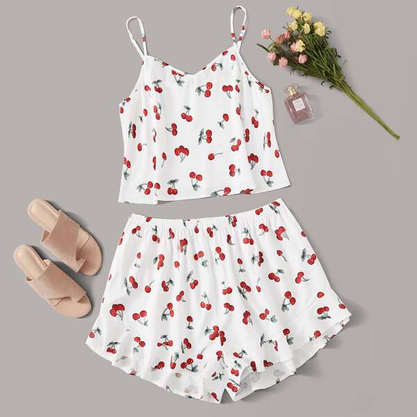 

Plus Cherry Print Ruffle Trim Cami Pajama Set