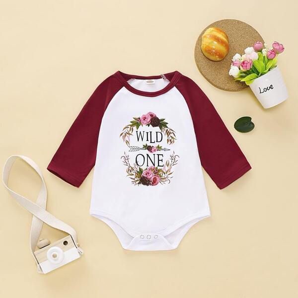 

Baby Girl Floral Contrast Raglan Sleeve Romper, Multicolor