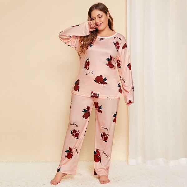 

Plus Pomegranate & Letter Print Pajama Set, Pink