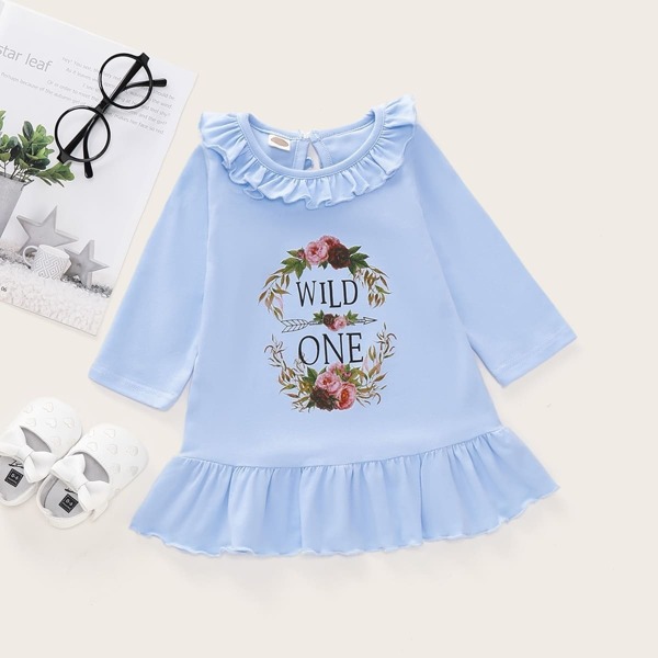 

Baby Girl Floral Print Ruffle Hem Babydoll Dress, Blue