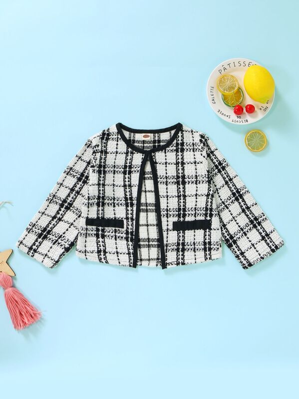 

Toddler Girls Contrast Binding Plaid Tweed Jacket, White
