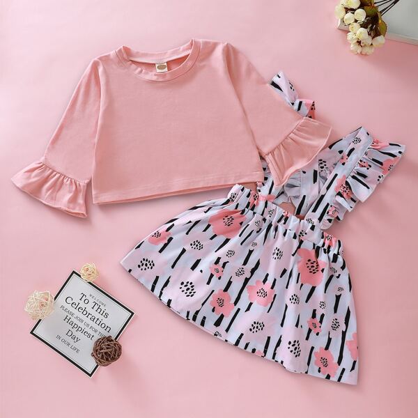 

Baby Girl Flounce Sleeve Tee With Ruffle Pinafore Skirt