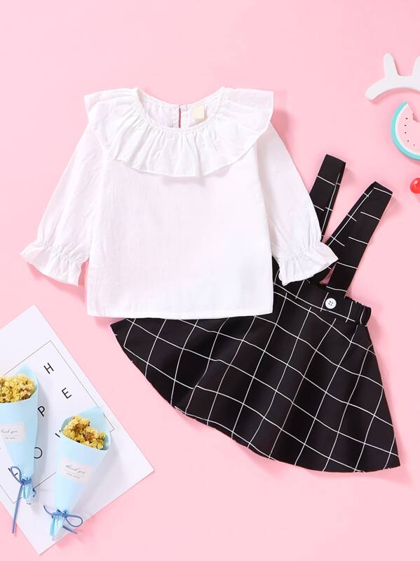 

Baby Girl Ruffle Blouse With Plaid Pinafore Skirt, Black and white