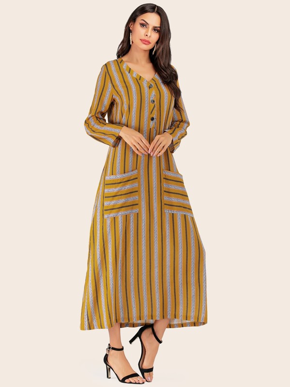 

V-neck Quarter Button Front Dual Pockets Tunic Dress, Yellow