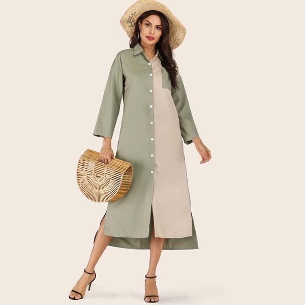 

Cut And Sew Button Front Slit Hem Shirt Dress, Multicolor