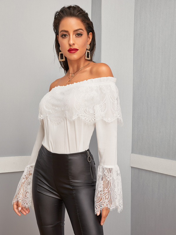 

Lace Trim Off Shoulder Bell Sleeve Top, White, Mary P.