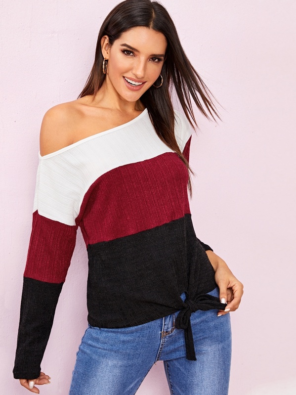 Cut And Sew Tie Front Sweater, Multicolor, Juliana