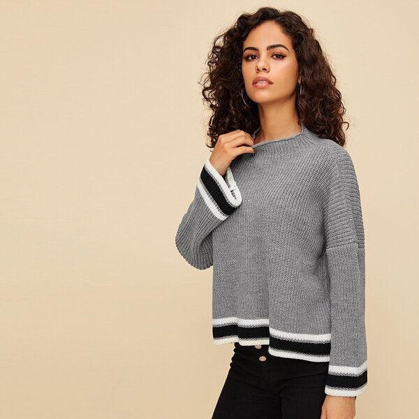 

Striped Hem Drop Shoulder Sweater, Grey