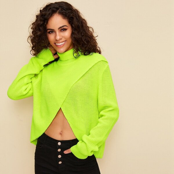 

Neon Green Asymmetrical Hem Wrap Sweater